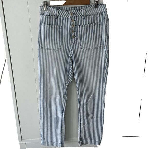 Pilcro Anthropologie Pants Size 29 Denim Blue White Stripe Button Fly Straight - Picture 2 of 11